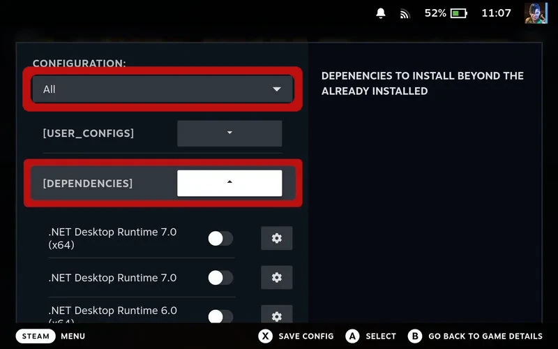 Click Dependencies section