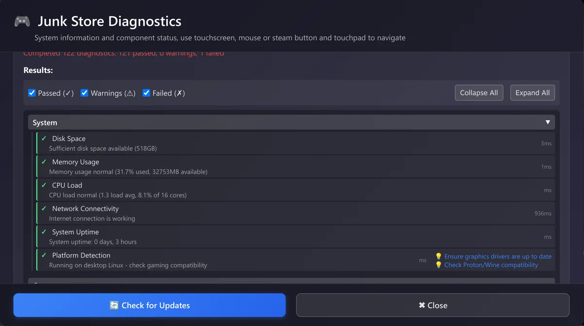 Diagnostic results and system health checks