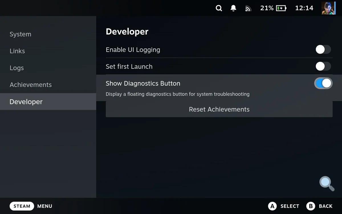 Developer mode settings showing diagnostics toggle