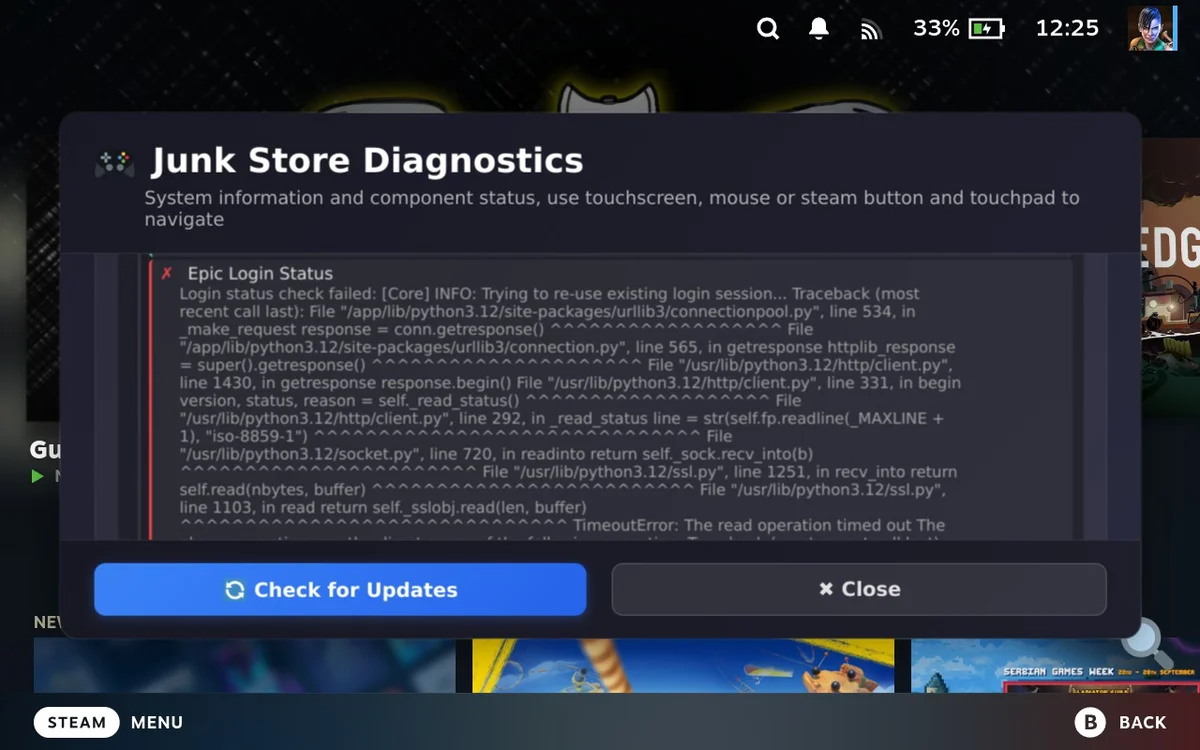 Epic Games diagnostics showing connection issue