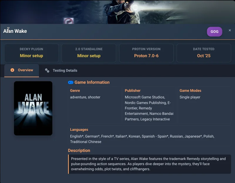 Alan Wake game modal showing detailed compatibility information and testing details