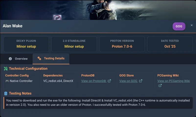 Alan Wake testing details tab showing specific compatibility information