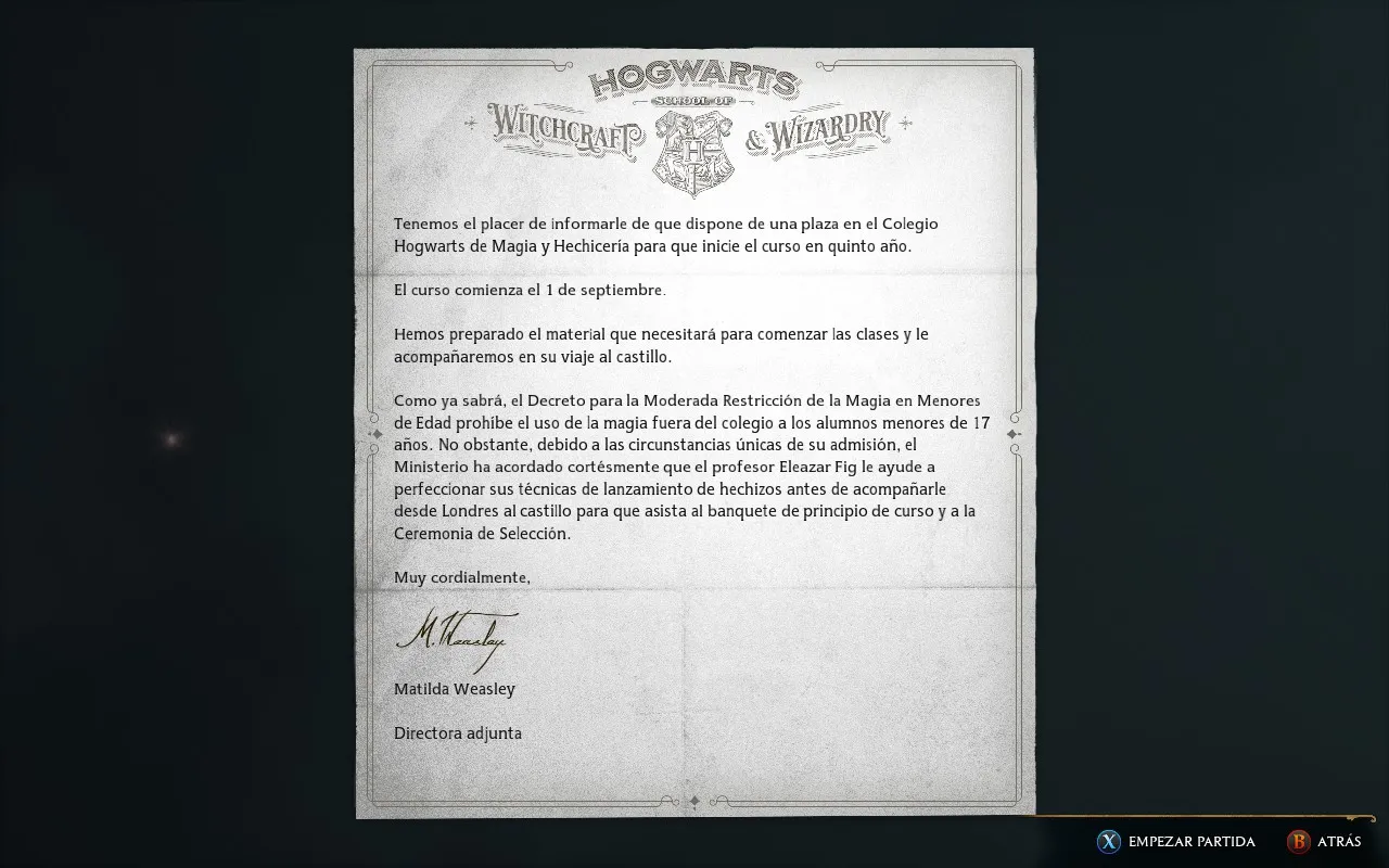 Hogwarts Legacy new game screen in Spanish
