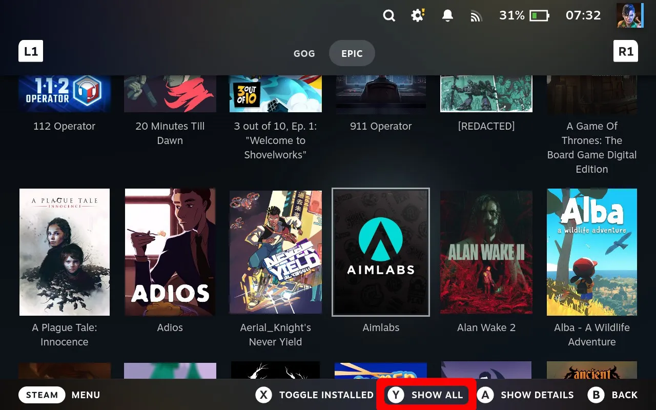 Junk Store bottom menu showing the SHOW ALL button