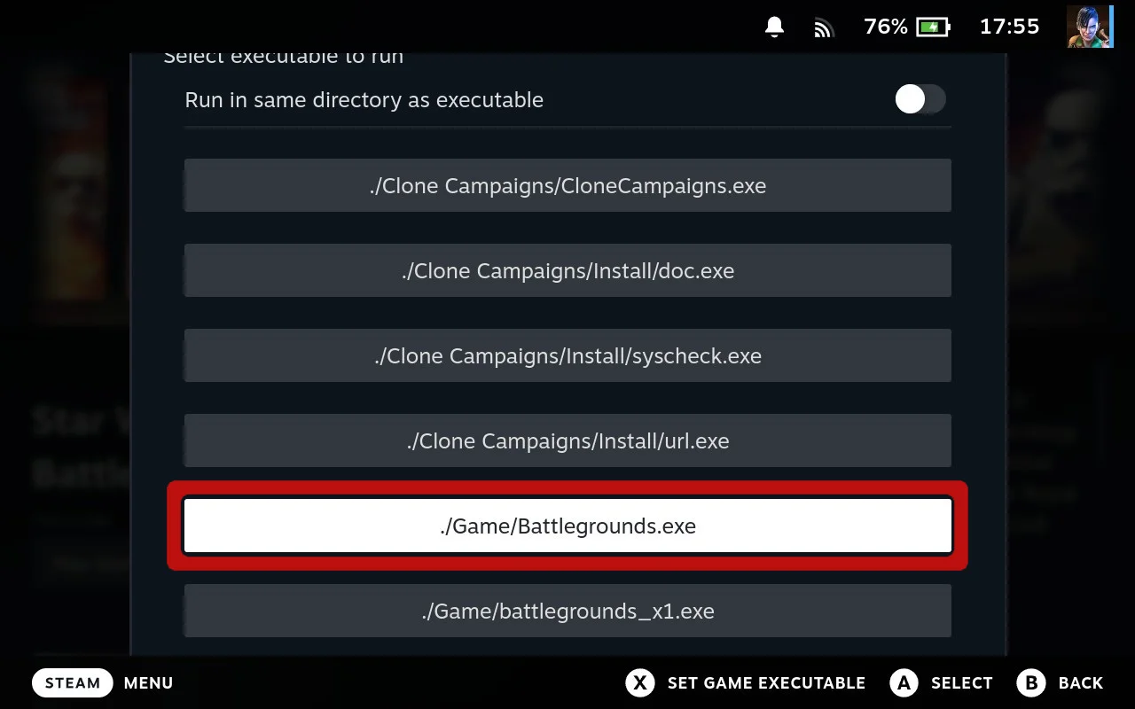 Selecting Battlegrounds executable