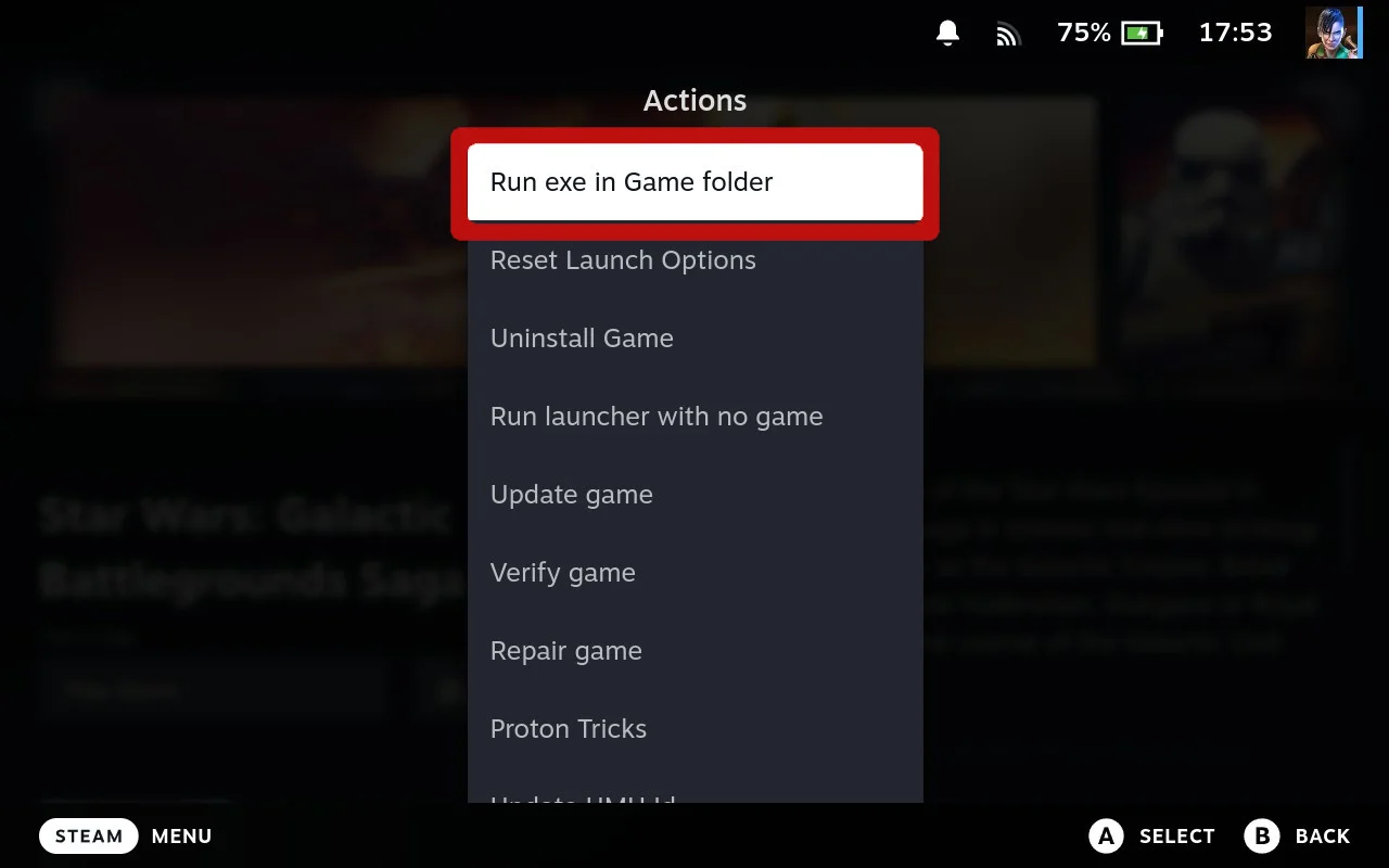Actions menu with Run exe option