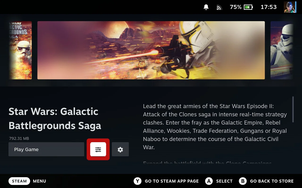 Game page with Actions button highlighted