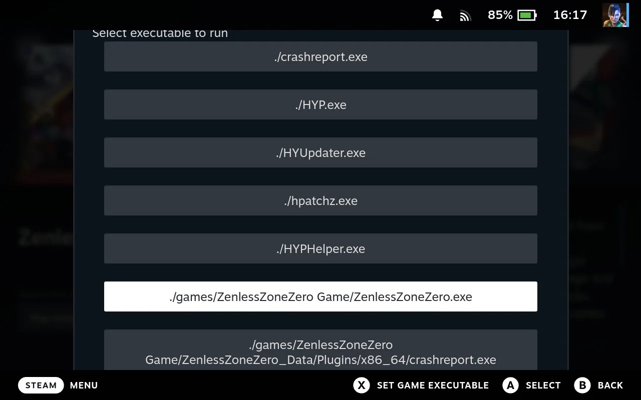 Selecting ZenlessZoneZero.exe from the list