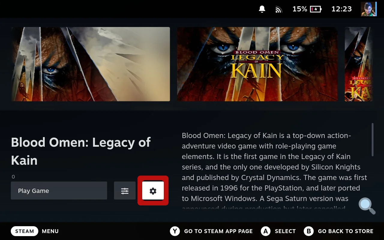 Settings menu on game page