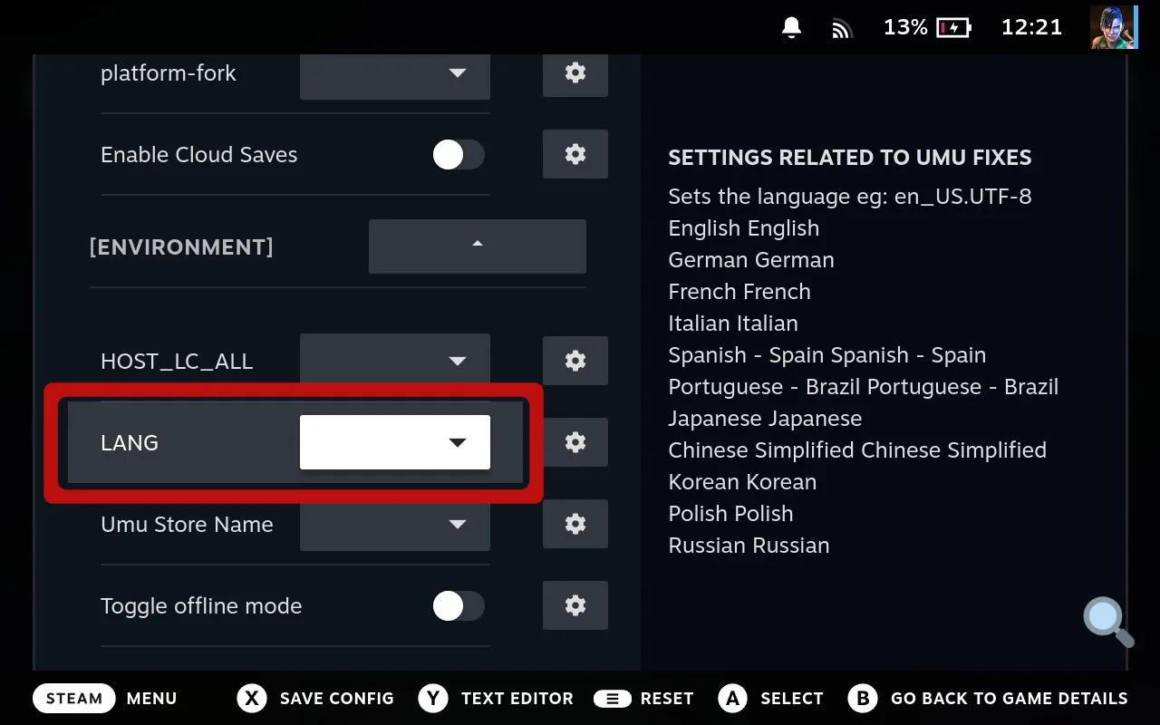Language dropdown with options